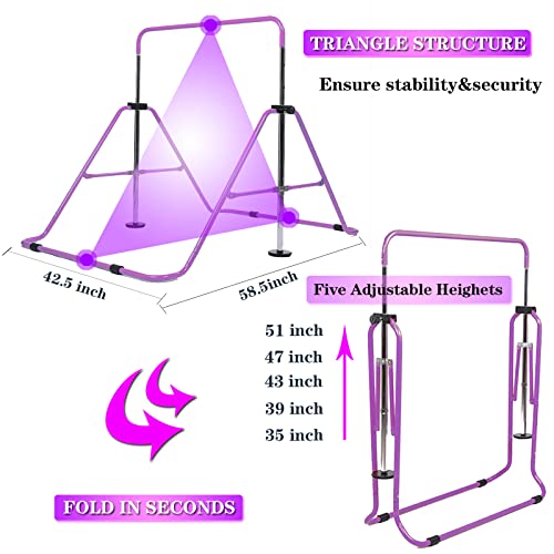 Barras horizontales de gimnasia para niños de 3 a 12 años de edad, plegables, niñas y niños, juego de barras horizontales para interiores y exteriores (color morado claro)