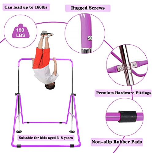 Barras horizontales de gimnasia para niños de 3 a 12 años de edad, plegables, niñas y niños, juego de barras horizontales para interiores y exteriores (color morado claro)