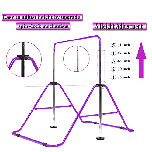 Barras horizontales de gimnasia para niños de 3 a 12 años de edad, plegables, niñas y niños, juego de barras horizontales para interiores y exteriores (color morado claro)