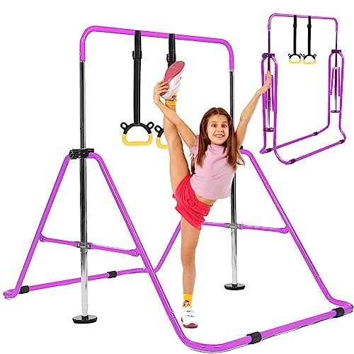 Barras horizontales de gimnasia para niños de 3 a 12 años de edad, plegables, niñas y niños, juego de barras horizontales para interiores y exteriores (color morado claro)