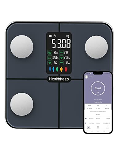 Báscula Grasa Corporal Healthkeep Báscula de Baño, Básculas Inteligentes Digitalescon Función de Frecuencia Cardíaca,15 Datos Corporales,Pantalla VA Extra Grande,Negro