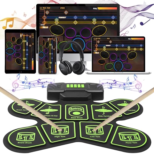 Batería Electrónica E-Drum Kit, Bonvvie Roll Up Digital Drum con 9 Pads, MIDI, DTC, Altavoces Duales Incorporados, Batería Li-ion 1800mAh Recargable,Ideal para Principiantes, Estudiantes y Entusiastas