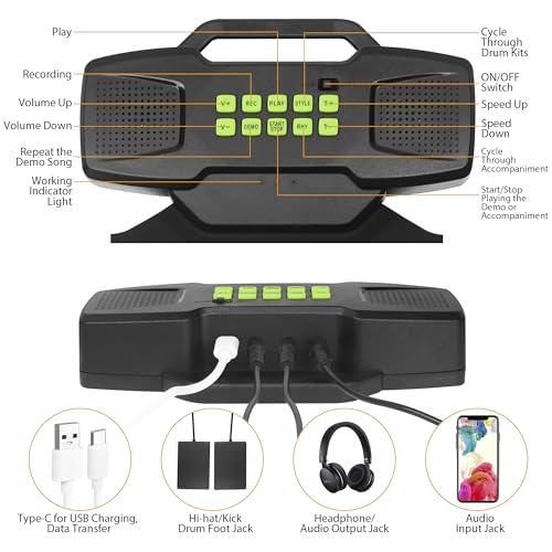 Batería Electrónica E-Drum Kit, Bonvvie Roll Up Digital Drum con 9 Pads, MIDI, DTC, Altavoces Duales Incorporados, Batería Li-ion 1800mAh Recargable,Ideal para Principiantes, Estudiantes y Entusiastas