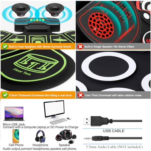 Batería Electrónica E-Drum Kit, Bonvvie Roll Up Digital Drum con 9 Pads, MIDI, DTC, Altavoces Duales Incorporados, Batería Li-ion 1800mAh Recargable,Ideal para Principiantes, Estudiantes y Entusiastas