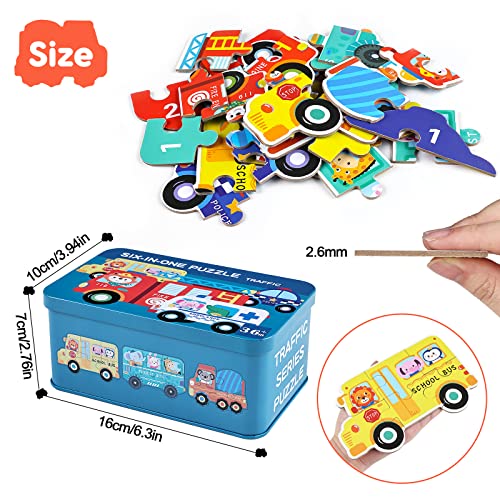 BBLIKE Juguetes Montessori Puzzle Infantil para niños, puzle de Madera, 6 Pack Rompecabezas Puzzle Juguetes Bebes para Niños de 1 2 3 4 5 Años Montessori Educativos Regalos 3D Patrón Puzles (Bus)