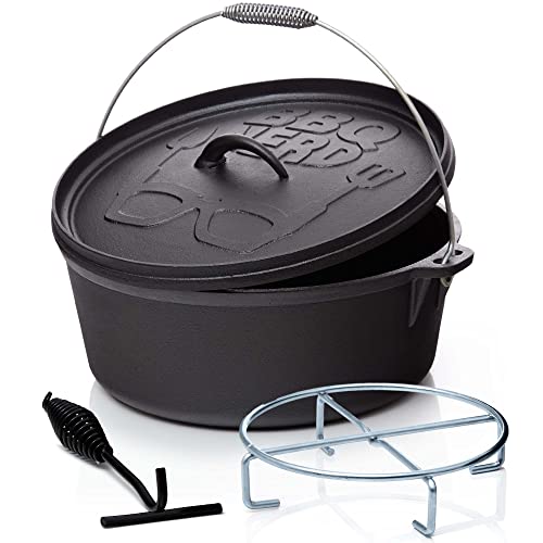 BBQ-Nerd© Dutch Oven"Starter" 10,7 L con soporte, ya quemado, preseasoned, olla de hierro fundido, asador con tapa, incluye elevador de tapa, cacerola ignífuga para barbacoa y camping