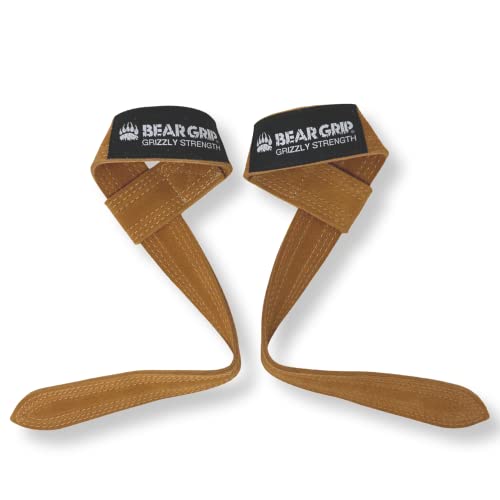 BEAR GRIP - Correas de cuero para levantamiento de pesas para gimnasio, culturismo, levantamiento de potencia, crossfit y más (camello de doble capa, sin acolchado)