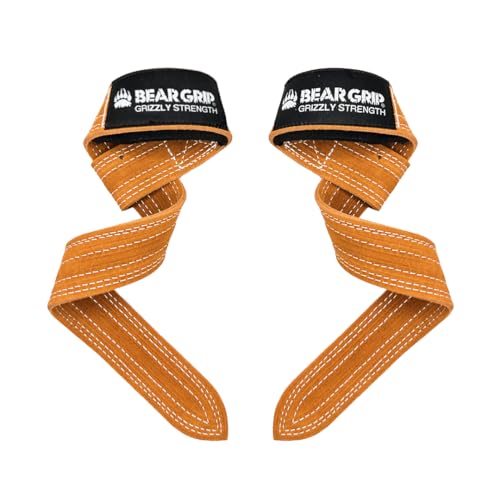 BEAR GRIP - Correas de cuero para levantamiento de pesas para gimnasio, culturismo, levantamiento de potencia, crossfit y más (camello de doble capa, sin acolchado)