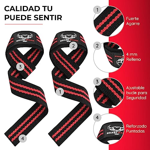 BEAST RAGE Correas de Levantamiento de Pesas con Soporte Acolchado para Las muñecas. Correas de Fitness de Gimnasio con agarres flexión Gel Mejor Gama Levantamiento Potencia Culturismo (Negro/Rojo)