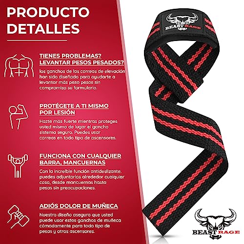 BEAST RAGE Correas de Levantamiento de Pesas con Soporte Acolchado para Las muñecas. Correas de Fitness de Gimnasio con agarres flexión Gel Mejor Gama Levantamiento Potencia Culturismo (Negro/Rojo)