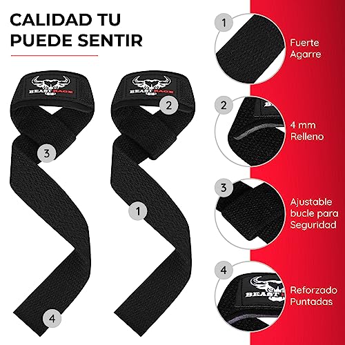 BEAST RAGE Correas de Levantamiento de Pesas con Soporte Acolchado para Las muñecas. Correas de Fitness de Gimnasio con agarres flexión Gel Mejor Gama Levantamiento Potencia Culturismo (Negro)