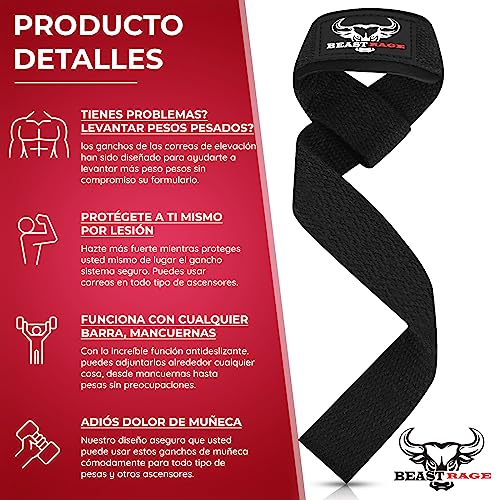 BEAST RAGE Correas de Levantamiento de Pesas con Soporte Acolchado para Las muñecas. Correas de Fitness de Gimnasio con agarres flexión Gel Mejor Gama Levantamiento Potencia Culturismo (Negro)