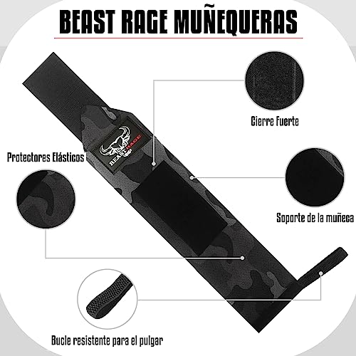 BEAST RAGE Envolturas de muñeca para Levantamiento de Pesas, Muscular, Rendimiento de Entrenamiento, Gimnasio, Correas para el Pulgar, Soporte de Vendaje de algodón elástico, puño (Camuflaje)