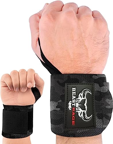 BEAST RAGE Envolturas de muñeca para Levantamiento de Pesas, Muscular, Rendimiento de Entrenamiento, Gimnasio, Correas para el Pulgar, Soporte de Vendaje de algodón elástico, puño (Camuflaje)