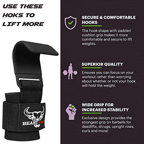 BEAST RAGE Fitness Ganchos Levantamiento Peso Correas de Agarre Gym para Culturismo Gimnasio Grip Neopreno Acolchado Grueso Muñecas Elevación Guantes Muñequeras Pesas Hook Straps