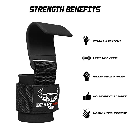 BEAST RAGE Fitness Ganchos Levantamiento Peso Correas de Agarre Gym para Culturismo Gimnasio Grip Neopreno Acolchado Grueso Muñecas Elevación Guantes Muñequeras Pesas Hook Straps