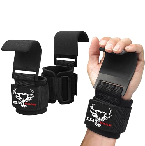 BEAST RAGE Fitness Ganchos Levantamiento Peso Correas de Agarre Gym para Culturismo Gimnasio Grip Neopreno Acolchado Grueso Muñecas Elevación Guantes Muñequeras Pesas Hook Straps