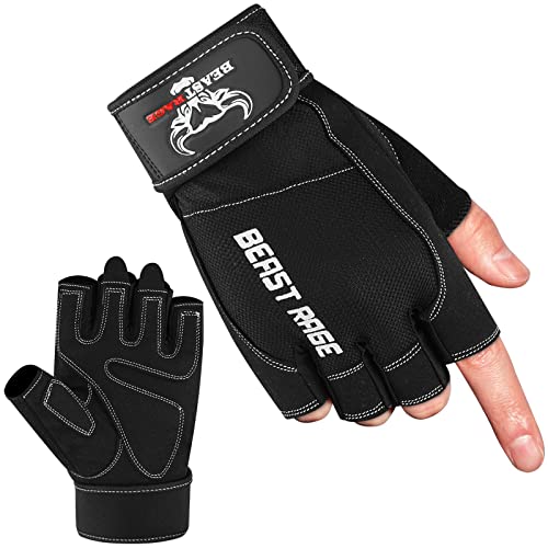 Beast Rage Guantes de Gimnasio para Levantamiento de Pesas, Antideslizantes, Acolchados, elásticos,para Crossfit, Entrenamiento, Ciclismo,jercicio, Guantes de Medio Dedo para Hombres y Mujeres