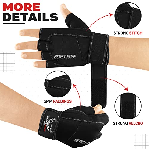 Beast Rage Guantes de Gimnasio para Levantamiento de Pesas, Antideslizantes, Acolchados, elásticos,para Crossfit, Entrenamiento, Ciclismo,jercicio, Guantes de Medio Dedo para Hombres y Mujeres