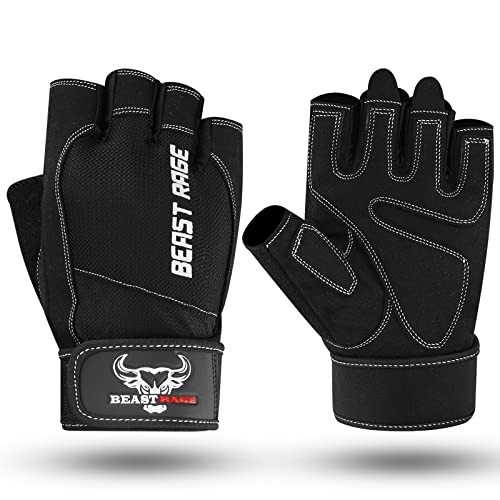 Beast Rage Guantes de Gimnasio para Levantamiento de Pesas, Antideslizantes, Acolchados, elásticos,para Crossfit, Entrenamiento, Ciclismo,jercicio, Guantes de Medio Dedo para Hombres y Mujeres