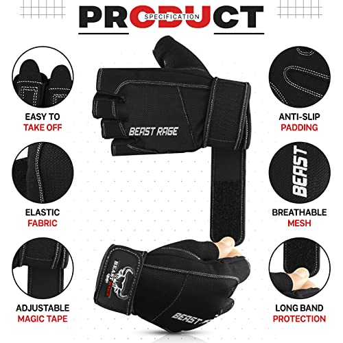 Beast Rage Guantes de Gimnasio para Levantamiento de Pesas, Antideslizantes, Acolchados, elásticos,para Crossfit, Entrenamiento, Ciclismo,jercicio, Guantes de Medio Dedo para Hombres y Mujeres