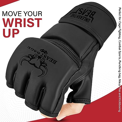 BEASTRAGE MMA Guantes para Hombres y Mujeres, Artes Marciales Mitones Grappling Sparring, Palma ventilada, Cuero Vegano, Cage Fighting, Muay Thai, Kick Boxing (L, Negro)