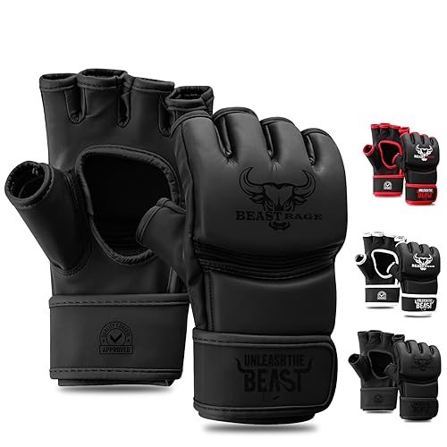 BEASTRAGE MMA Guantes para Hombres y Mujeres, Artes Marciales Mitones Grappling Sparring, Palma ventilada, Cuero Vegano, Cage Fighting, Muay Thai, Kick Boxing (L, Negro)