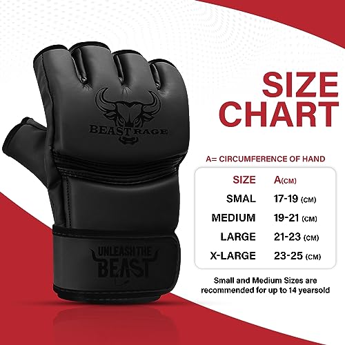 BEASTRAGE MMA Guantes para Hombres y Mujeres, Artes Marciales Mitones Grappling Sparring, Palma ventilada, Cuero Vegano, Cage Fighting, Muay Thai, Kick Boxing (L, Negro)