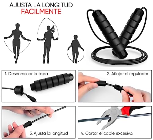 BEENTOP Comba Crossfit con Cuerda Ajustable y Rodamientos Negro | Comba 2.8M longitud para Adultos y Niños con Mango de Espuma Antideslizante | Cuerda Saltar de Acero con PVC.