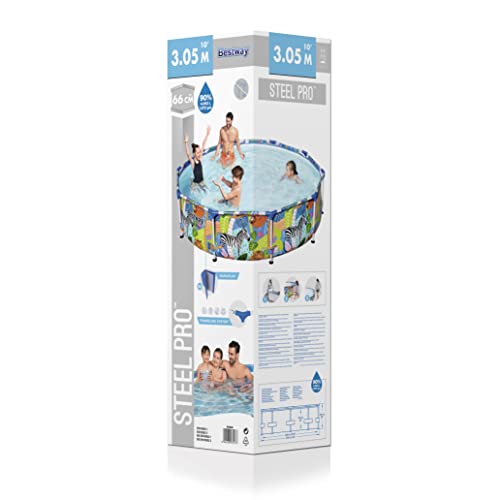 BESTWAY 56985 - Piscina Desmontable Tubular Infantil Steel Pro 305x66 cm Tritech Reforzado con Marco de Acero Diseño Animales de Colores Capacidad 4.062 Litros