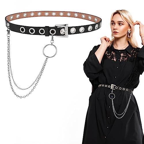 Bewudy Cinturón de piel con remaches extraíbles, cadena de metal, punk rock, vaqueros, cinturón de cadera para mujeres y hombres, Negro , Talla única