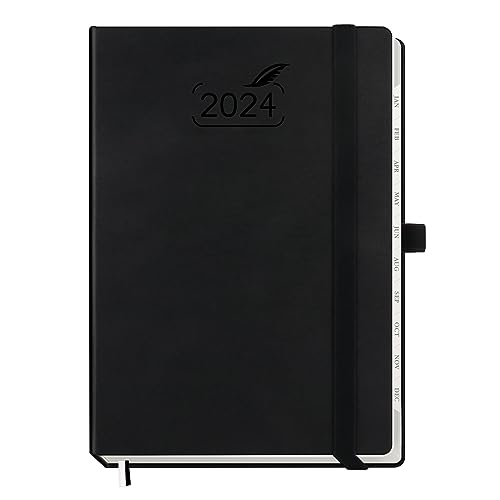 BEZEND Agenda 2024 Semana Vista Vertical A5 con Pestañas Mensuales [Negro] Planificador Anual 2024 con Papel Certificado FSC® de 100 g/m² & Tapa Dura de Cuero PU