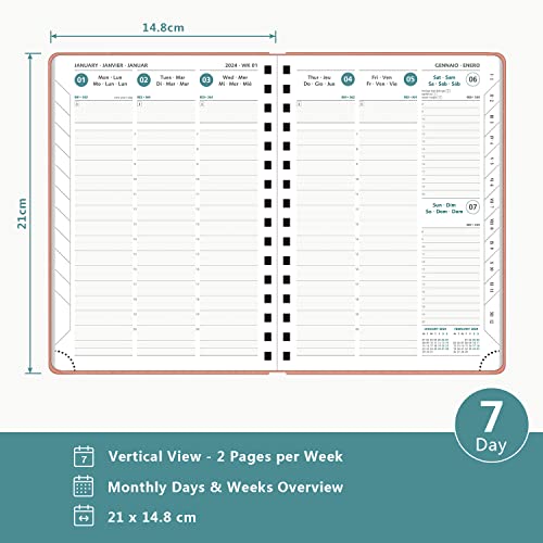BEZEND Agenda 2024 Semana Vista Vertical A5 con Pestañas Mensuales [Rosa] Planificador Anual 2024 Espiral | Papel Certificado FSC® de 100 g/m² & Tapa Blanda de Cuero PU