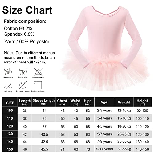 Bezioner Maillot de Danza Tutú Vestido de Ballet Gimnasia Leotardo Algodón Body Clásico para Niña (110 (100-110 cm, 3-4 años), Rosa de Manga Larga)