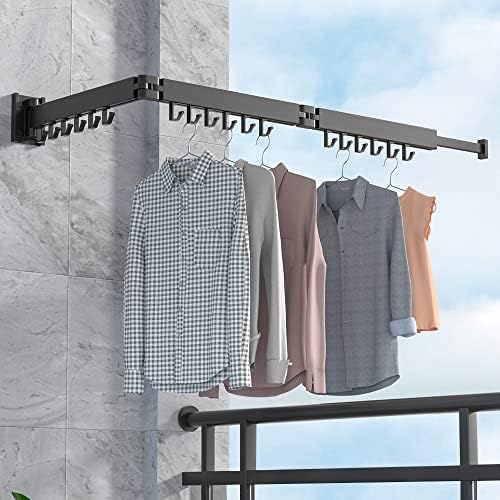 BHeadCat Tendedero de ropa montado en la pared, colgador retráctil con ganchos, fácil de instalar, fuerte carga, estante de secado triple plegable para balcón, baño, dormitorio