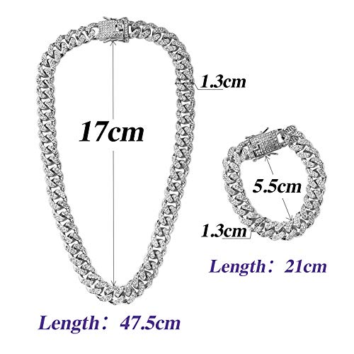 BHGT Collar Cadena 45cm + Pulsera 20cm con Diamante de Imitación Plateada Hip Hop Cubana para Hombre Mujer de Aleacion