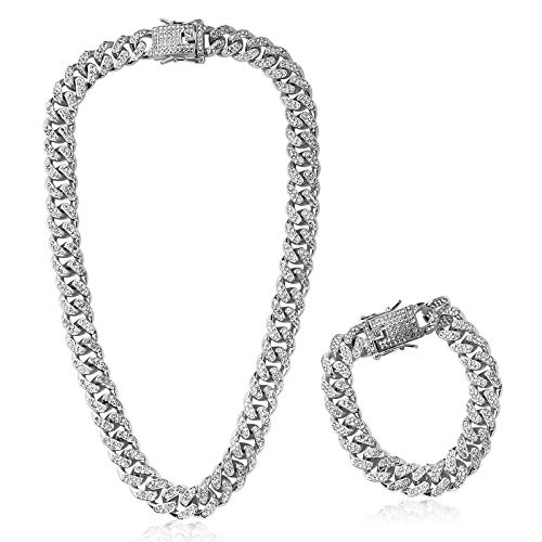 BHGT Collar Cadena 45cm + Pulsera 20cm con Diamante de Imitación Plateada Hip Hop Cubana para Hombre Mujer de Aleacion