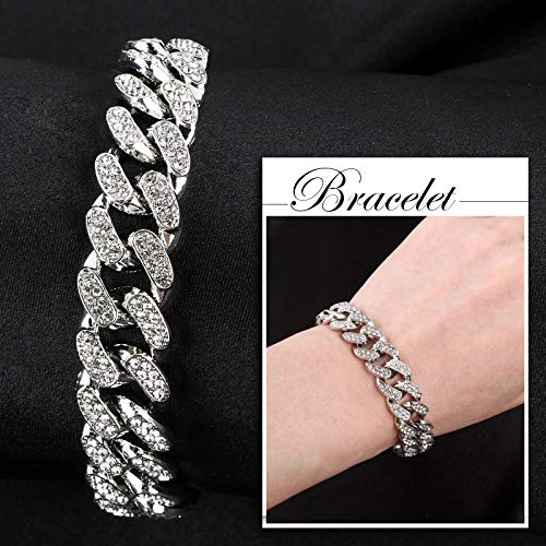 BHGT Collar Cadena 45cm + Pulsera 20cm con Diamante de Imitación Plateada Hip Hop Cubana para Hombre Mujer de Aleacion