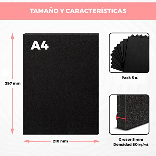 BIBODU Goma Eva 5mm | Color Negro Pack 5 láminas | Tamaño A4 210x297 mm - Densidad 80 kg/m3 | Espuma Foam Material Manualidades, Cosplay, Tapizar, Halloween | Apto niños y niñas