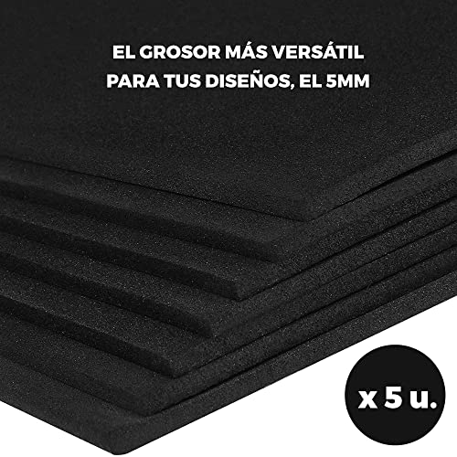 BIBODU Goma Eva 5mm | Color Negro Pack 5 láminas | Tamaño A4 210x297 mm - Densidad 80 kg/m3 | Espuma Foam Material Manualidades, Cosplay, Tapizar, Halloween | Apto niños y niñas