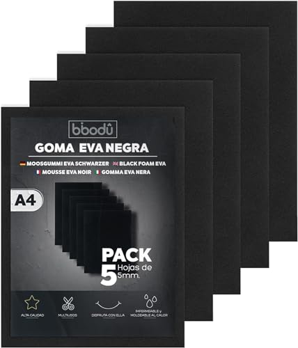 BIBODU Goma Eva 5mm | Color Negro Pack 5 láminas | Tamaño A4 210x297 mm - Densidad 80 kg/m3 | Espuma Foam Material Manualidades, Cosplay, Tapizar, Halloween | Apto niños y niñas