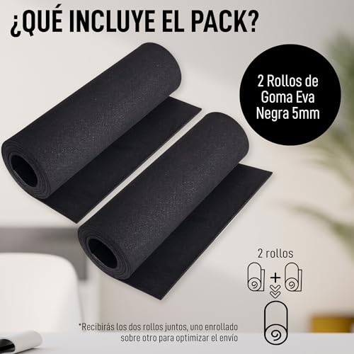 BIBODU Pack 2 Rollos Goma Eva Negra 5mm grosor | Tamaño 150 cm x 32cm, Densidad 80 kg/m3 | Goma Eva Color Negro para Manualidades DIY, Disfraces Cosplay, Halloween | Apto Niños y Niñas