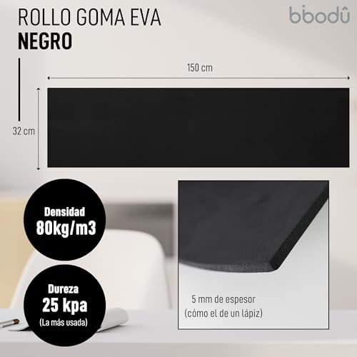 BIBODU Rollo Goma Eva Negra 5mm grosor | Tamaño 150 cm x 32cm, Densidad 80 kg/m3 | Goma Eva Color Negro para Manualidades DIY, Disfraces Cosplay, Halloween | Apto Niños y Niñas