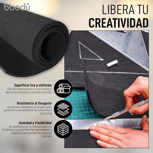 BIBODU Rollo Goma Eva Negra 5mm grosor | Tamaño 150 cm x 32cm, Densidad 80 kg/m3 | Goma Eva Color Negro para Manualidades DIY, Disfraces Cosplay, Halloween | Apto Niños y Niñas