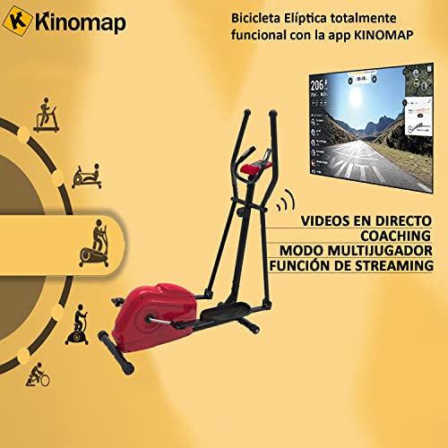 Bicicleta elíptica - 8 intensidades Diferentes - Conexión App Kinomap - Chasis Reforzado Soporta hasta 150kgs - Deporte en casa, Rojo y Negro