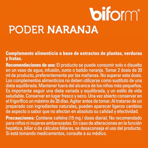 BIFORM PODER NARANJA - COMPLEMENTO ALIMENTICIO - Sabor a Naranja con Doble Acción Adelgazar y Vientre Plano - para Combinar con tu Bebida Favorita - 500ml