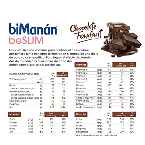 BIMANÁN BESLIM - BARRITAS CHOCOLATE FONDANT - Sustitutivos de Comida para Adelgazar - 2 Barritas Equivalen a una Comida y Proporcionan 238 Calorías - Ricas en Fibra - Caja de 10 Unidades