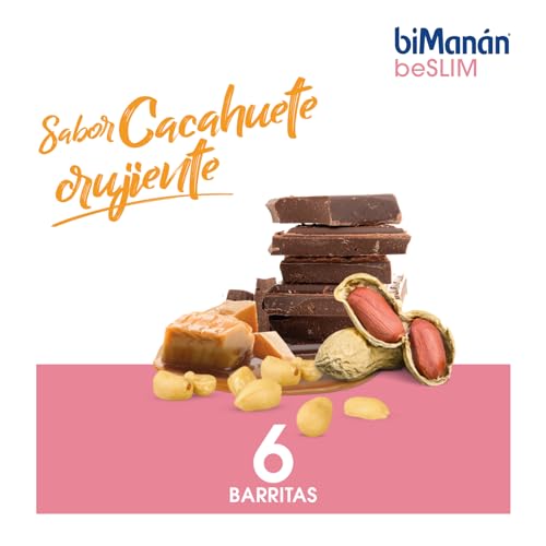 biManán BeSlim Barritas Sustitutivas Cacahuete Crujiente- 2 Barritas Equivalen a una Comida - Dieta Baja en Calorías - Productos para Adelgazar - Caja de 6 Unidades