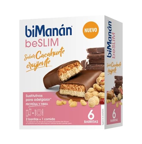 biManán BeSlim Barritas Sustitutivas Cacahuete Crujiente- 2 Barritas Equivalen a una Comida - Dieta Baja en Calorías - Productos para Adelgazar - Caja de 6 Unidades