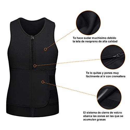 Bingrong Chaleco Sauna Hombre Fajas Reductoras Adelgazantes Hombres Compresion de Neopreno Chaleco para Adelgazante Sudoración con Cremallera para Deporte Fitness (Negro 2.0, M)